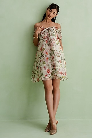 Ivory Silk Organza Floral Printed Off-Shoulder Dress by MMVM