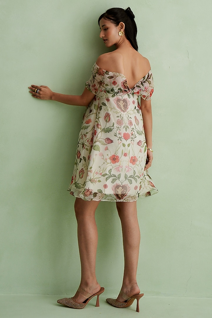 Ivory Silk Organza Floral Printed Off-Shoulder Vacation Dress by MMVM at Pernia's Pop Up Shop