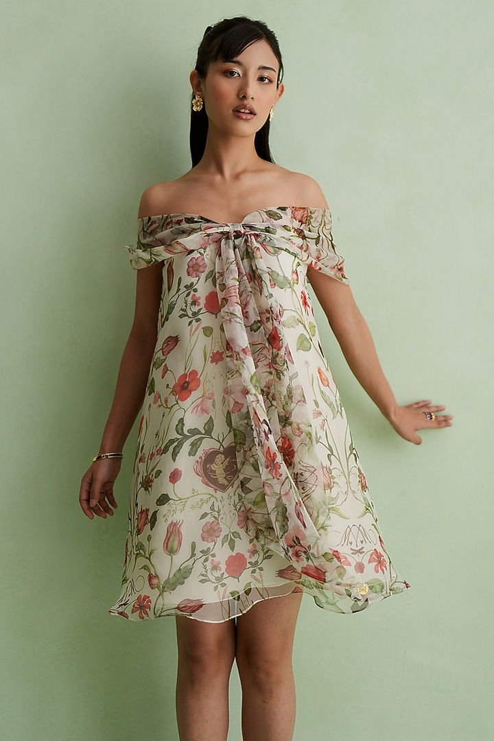 Ivory Silk Organza Floral Printed Off-Shoulder Vacation Dress by MMVM at Pernia's Pop Up Shop