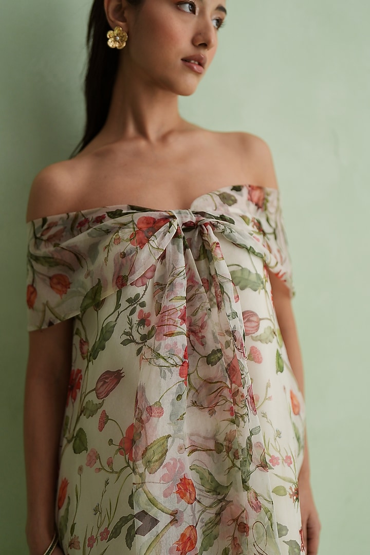 Ivory Silk Organza Floral Printed Off-Shoulder Vacation Dress by MMVM at Pernia's Pop Up Shop