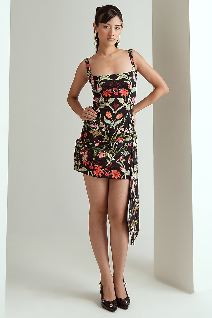 Jet Black Satin Lycra Printed Mini Vacation Dress by MMVM at Pernia's Pop Up Shop
