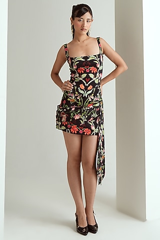 Jet Black Satin Lycra Printed Mini Dress by MMVM