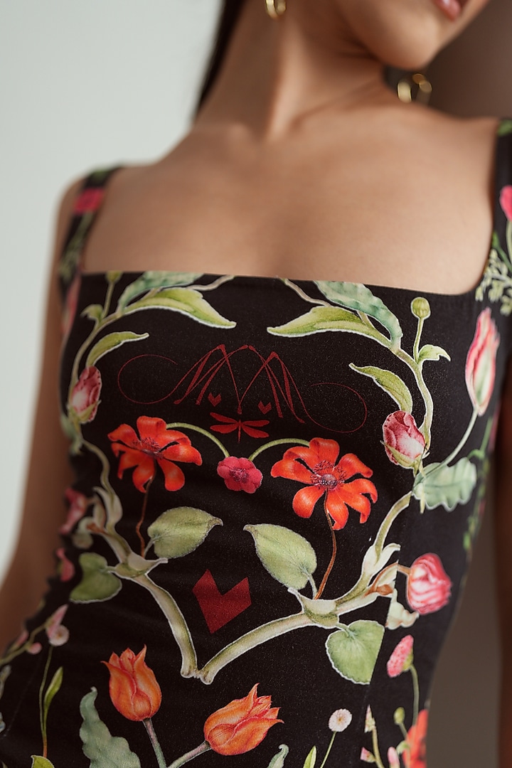 Jet Black Satin Lycra Printed Mini Vacation Dress by MMVM at Pernia's Pop Up Shop