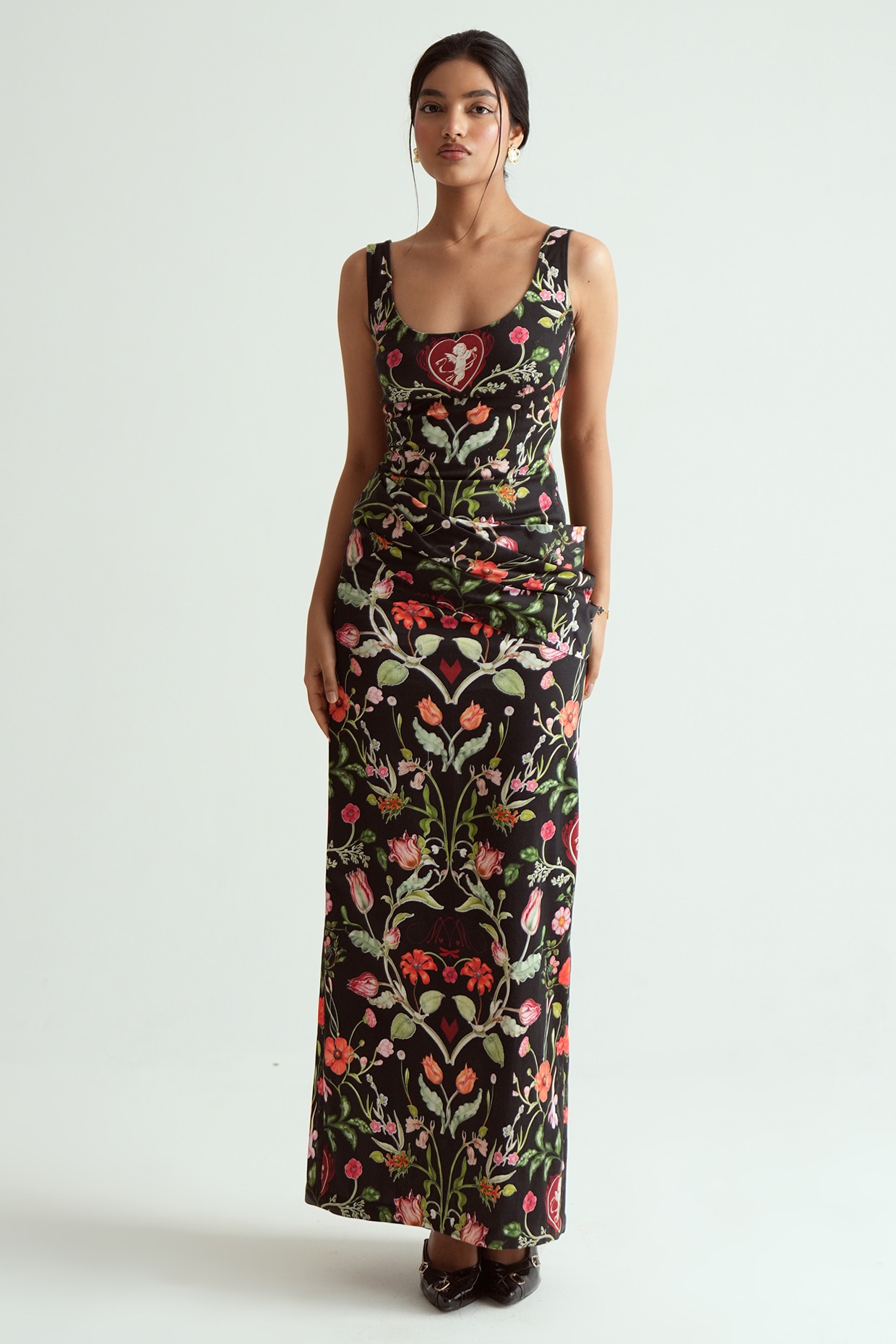 MMVM Jet Black Satin Lycra Printed Maxi Dress