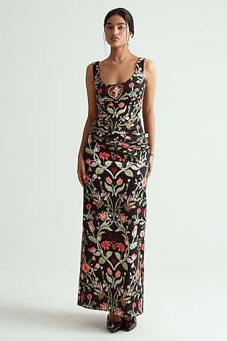 Jet Black Satin Lycra Printed Maxi Dress by MMVM