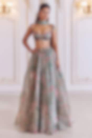 Jade Green Silk Organza Floral A-line Wedding Lehenga Set by MMVM at Pernia's Pop Up Shop