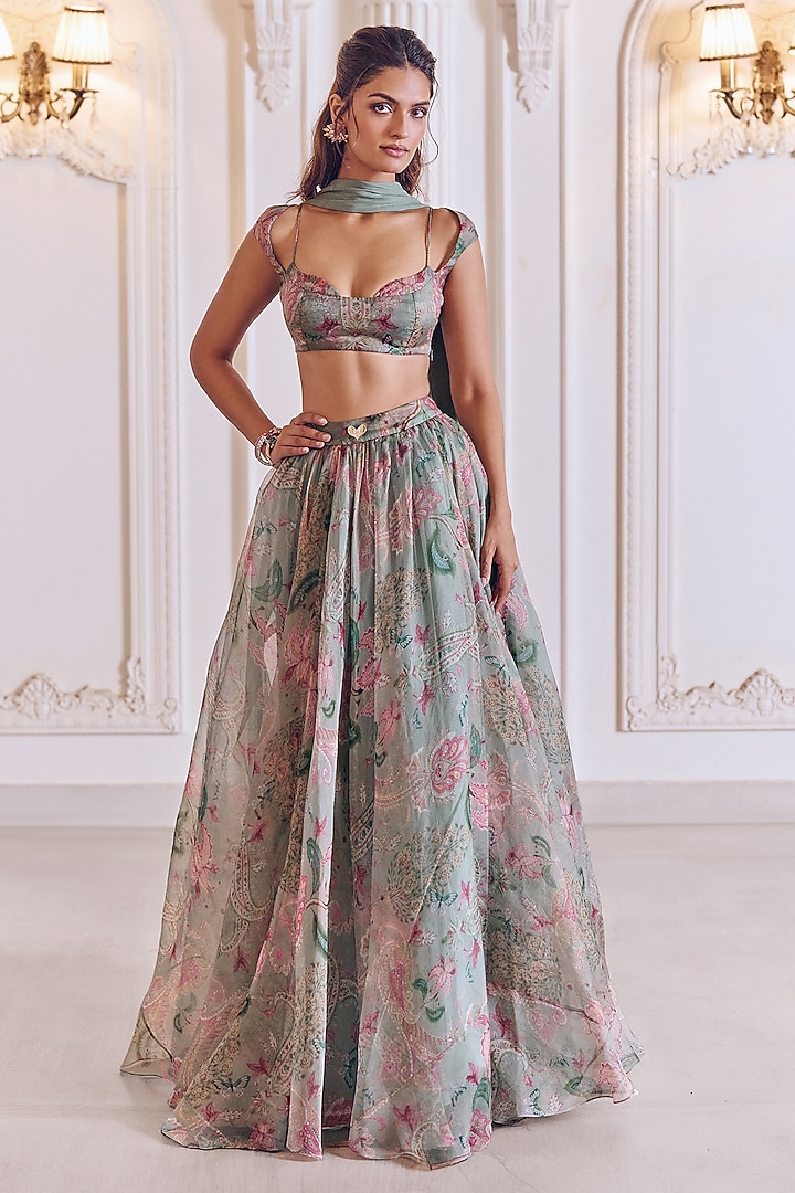 Jade Green Silk Organza Floral A-line Wedding Lehenga Set by MMVM at Pernia's Pop Up Shop