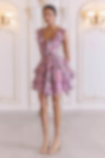Powder Lilac Silk Organza Printed Tiered Ruffled Vacation Dress by MMVM at Pernia's Pop Up Shop