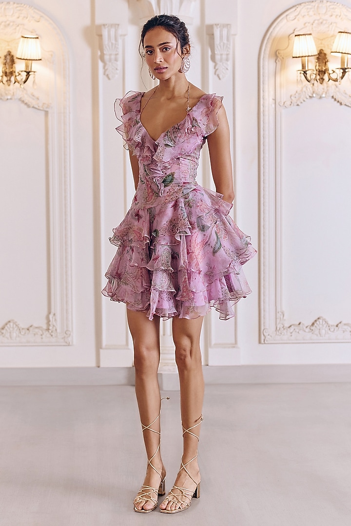 Powder Lilac Silk Organza Printed Tiered Ruffled Vacation Dress by MMVM at Pernia's Pop Up Shop