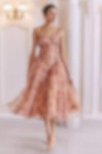 Melon Pink Silk Organza Floral Printed Ruched Cocktail Dress by MMVM at Pernia's Pop Up Shop