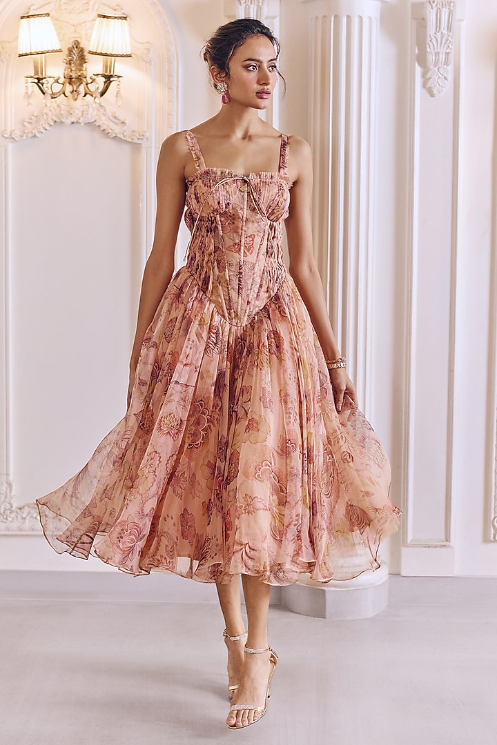 Melon Pink Silk Organza Floral Printed Ruched Cocktail Dress by MMVM at Pernia's Pop Up Shop