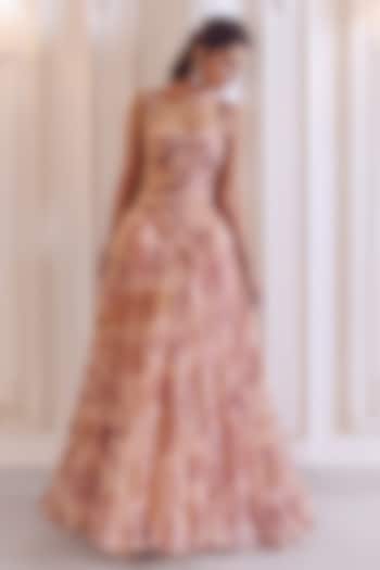 Melon Pink Silk Organza Floral Printed Engagement Gown With Dupatta by MMVM at Pernia's Pop Up Shop