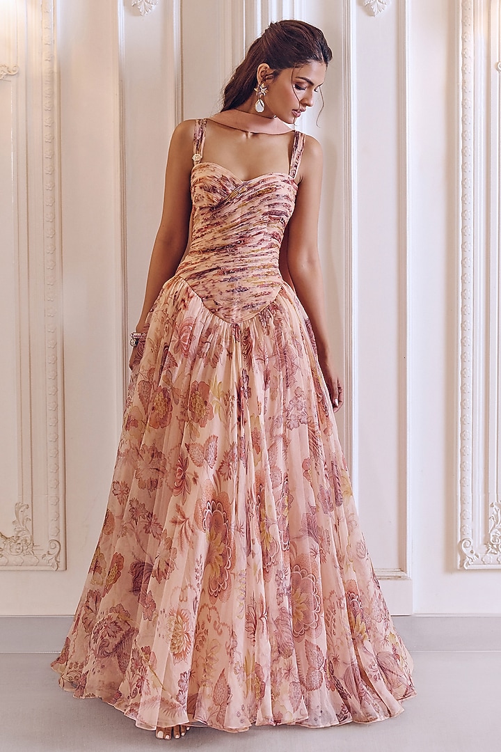 Melon Pink Silk Organza Floral Printed Engagement Gown With Dupatta by MMVM at Pernia's Pop Up Shop