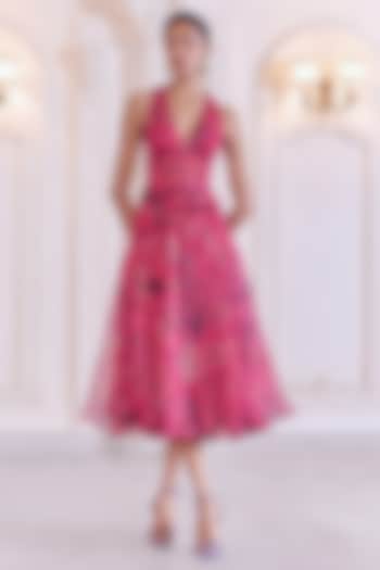 Rani Pink Silk Organza Printed Midi Vacation Dress by MMVM at Pernia's Pop Up Shop