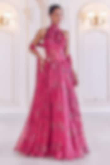Rani Pink Silk Organza Floral Printed A-Line Anarkali Engagement Gown With Dupatta by MMVM at Pernia's Pop Up Shop
