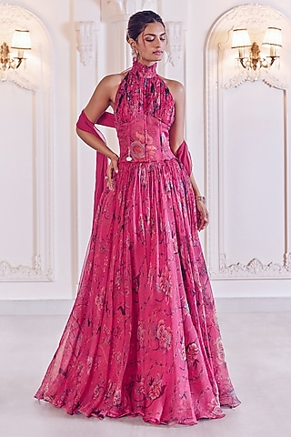 Rani Pink Silk Organza Floral Printed A-Line Anarkali Gown With Dupatta by MMVM