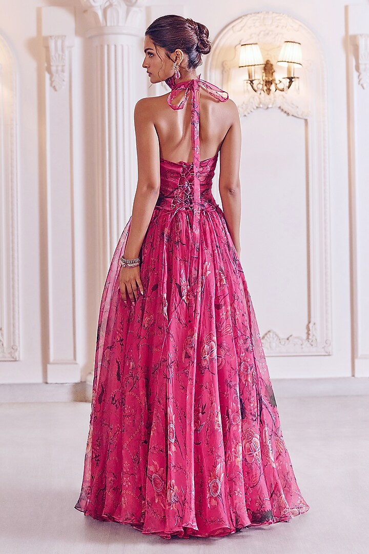 Rani Pink Silk Organza Floral Printed A-Line Anarkali Engagement Gown With Dupatta by MMVM at Pernia's Pop Up Shop