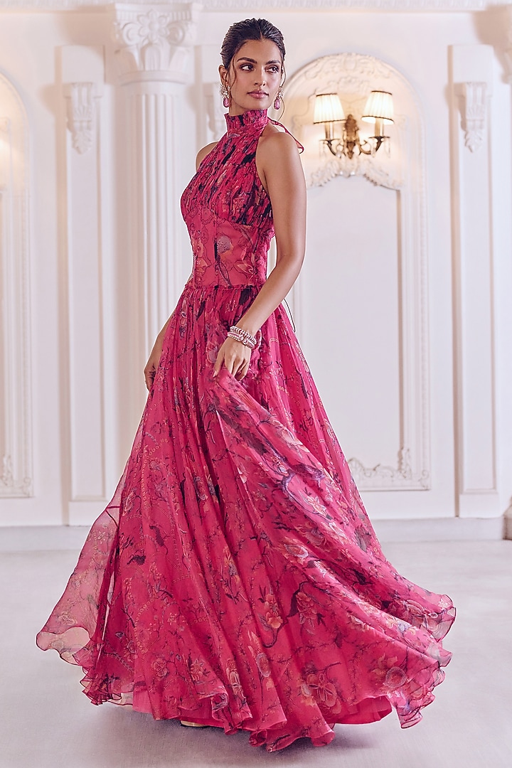 Rani Pink Silk Organza Floral Printed A-Line Anarkali Engagement Gown With Dupatta by MMVM at Pernia's Pop Up Shop