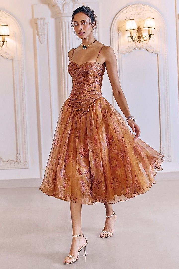 Chandan Yellow Silk Organza Floral Printed Midi Cocktail Dress by MMVM at Pernia's Pop Up Shop