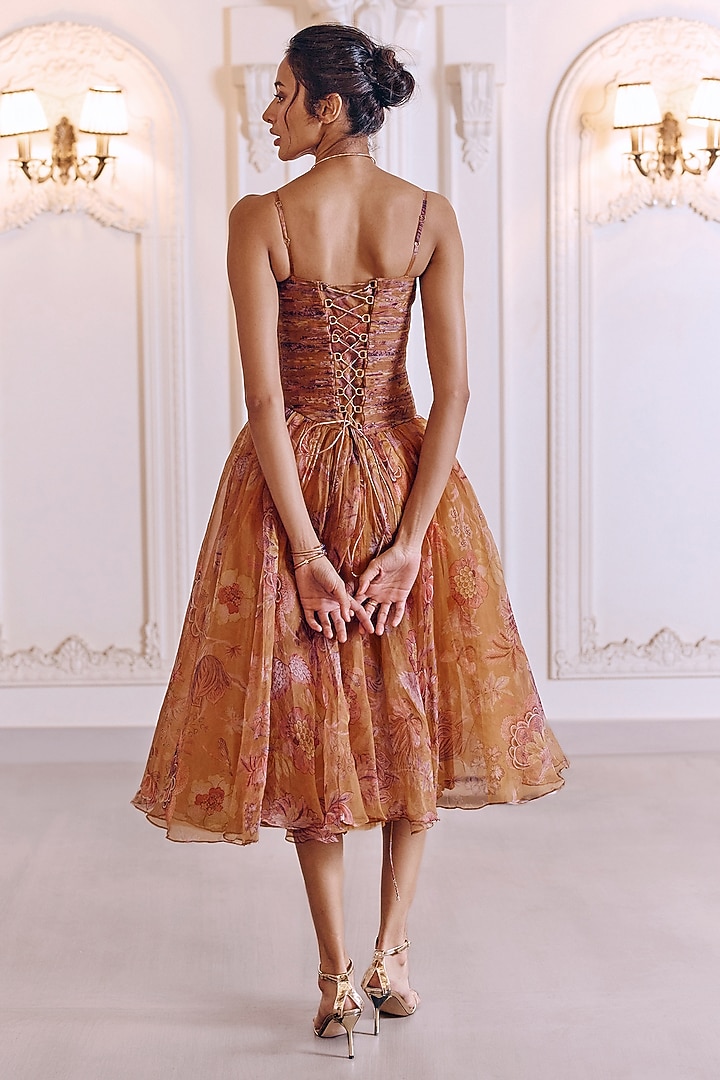 Chandan Yellow Silk Organza Floral Printed Midi Cocktail Dress by MMVM at Pernia's Pop Up Shop