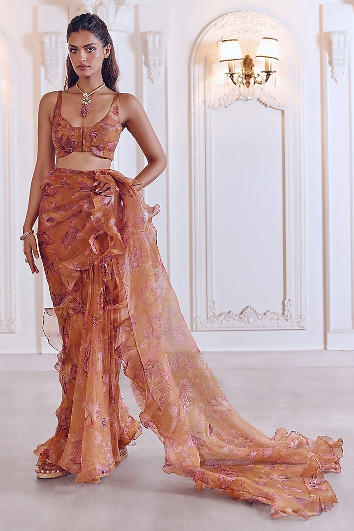 Chandan Yellow Silk Organza Floral Printed Pre-Draped Ruffled Wedding Saree Set by MMVM at Pernia's Pop Up Shop