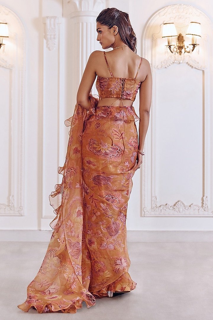 Chandan Yellow Silk Organza Floral Printed Pre-Draped Ruffled Wedding Saree Set by MMVM at Pernia's Pop Up Shop