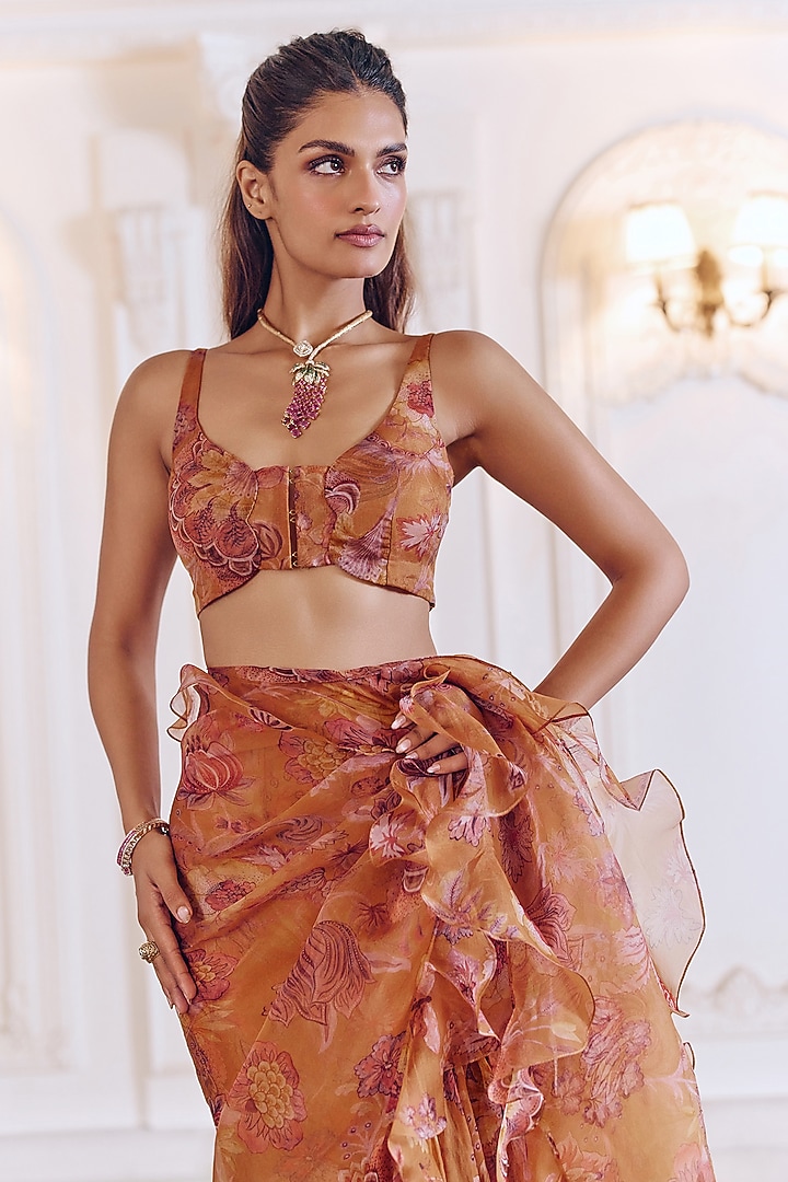 Chandan Yellow Silk Organza Floral Printed Pre-Draped Ruffled Wedding Saree Set by MMVM at Pernia's Pop Up Shop