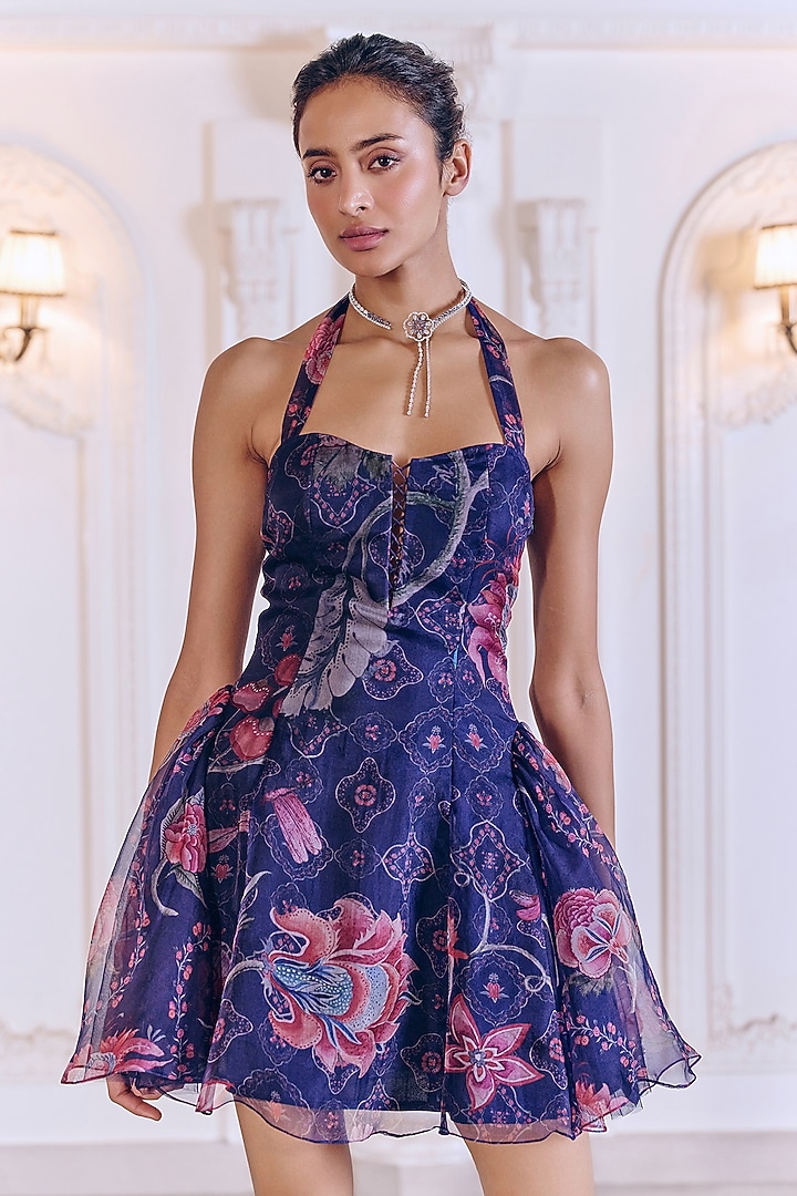 Navy Blue Silk Organza Floral Printed Mini Vacation Dress by MMVM at Pernia's Pop Up Shop