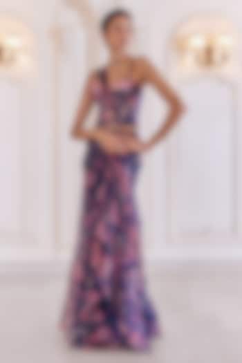 Navy Blue Silk Organza Floral Printed Pre-Draped Ruffled Wedding Saree Set by MMVM at Pernia's Pop Up Shop