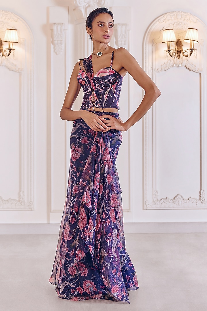 Navy Blue Silk Organza Floral Printed Pre-Draped Ruffled Wedding Saree Set by MMVM at Pernia's Pop Up Shop