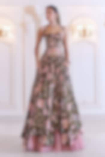 Heena Green Linen Satin Floral Printed High-Low Gathered Wedding Lehenga Set by MMVM at Pernia's Pop Up Shop