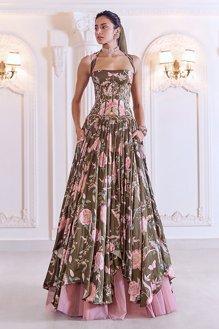 Heena Green Linen Satin Floral Printed High-Low Gathered Wedding Lehenga Set by MMVM at Pernia's Pop Up Shop