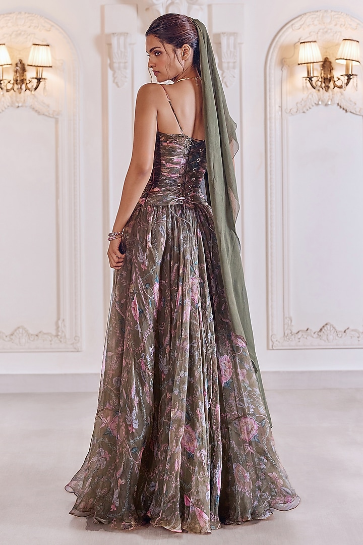 Heena Green Silk Organza Floral Printed Anarkali Engagement Gown With Dupatta by MMVM at Pernia's Pop Up Shop