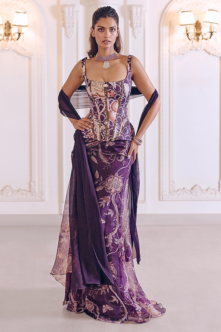 Jamun Purple Silk Organza Floral Printed Pre-Draped Skirt Set by MMVM at Pernia's Pop Up Shop