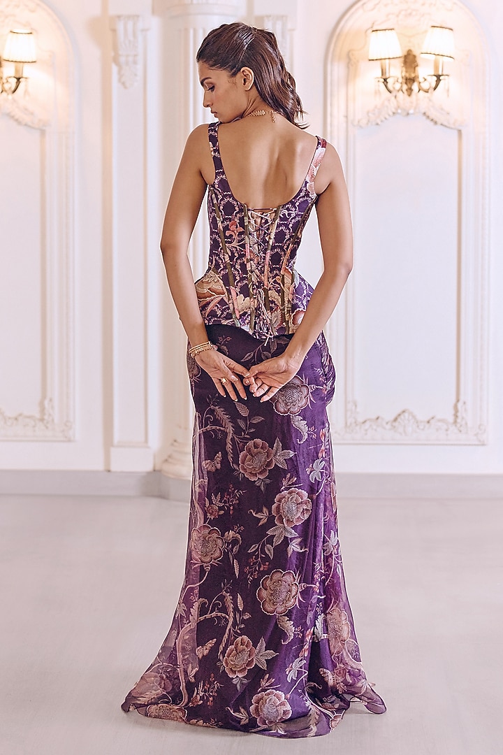 Jamun Purple Silk Organza Floral Printed Pre-Draped Skirt Set by MMVM at Pernia's Pop Up Shop