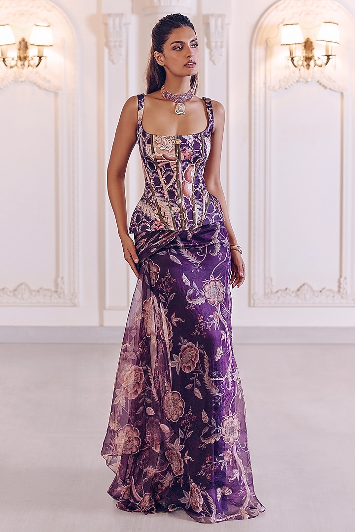 Jamun Purple Silk Organza Floral Printed Pre-Draped Skirt Set by MMVM at Pernia's Pop Up Shop