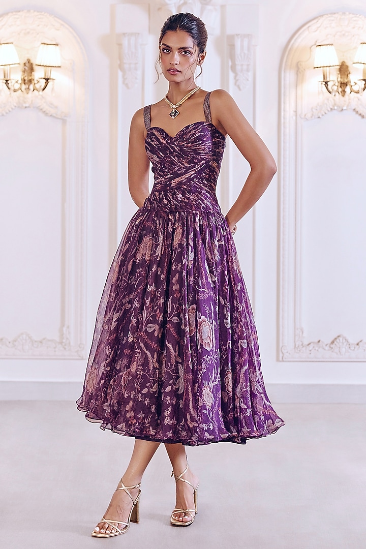 Jamun Purple Silk Organza Floral Printed Gathered Midi Cocktail Dress by MMVM at Pernia's Pop Up Shop