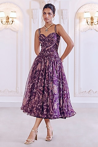 Jamun Purple Silk Organza Floral Printed Gathered Midi Dress by MMVM