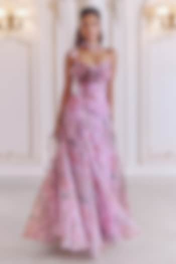 Powder Lilac Silk Organza Floral Printed Cocktail Dress With Ruffled Drape by MMVM at Pernia's Pop Up Shop