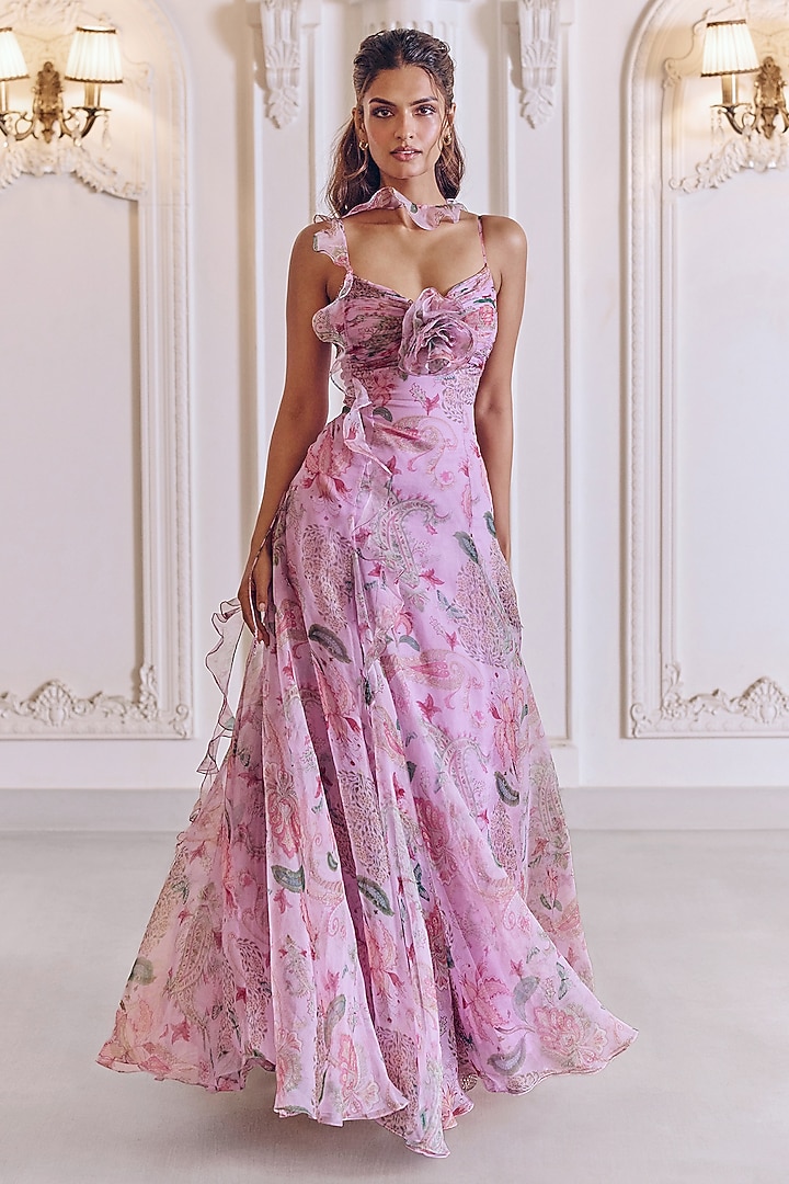 Powder Lilac Silk Organza Floral Printed Cocktail Dress With Ruffled Drape by MMVM at Pernia's Pop Up Shop