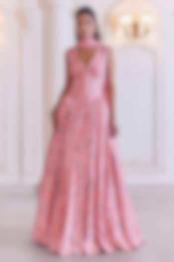 Blush Pink Linen Satin Floral Printed Engagement Gown by MMVM at Pernia's Pop Up Shop