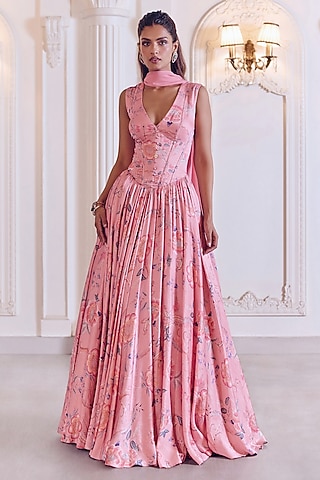 Blush Pink Linen Satin Floral Printed Gown by MMVM