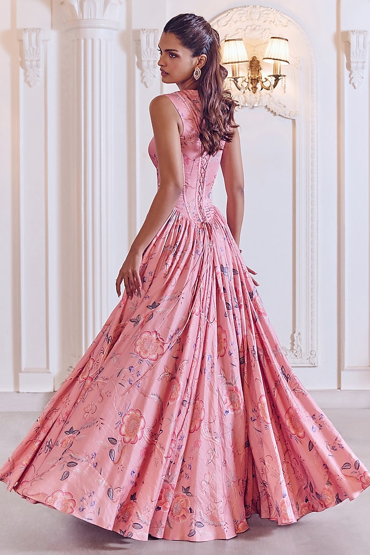 Blush Pink Linen Satin Floral Printed Engagement Gown by MMVM at Pernia's Pop Up Shop