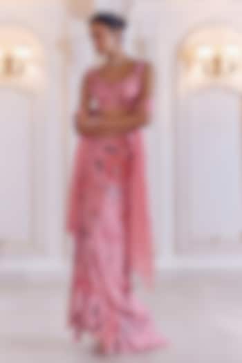 Blush Pink Georgette Printed Pre-Draped Skirt Set by MMVM at Pernia's Pop Up Shop
