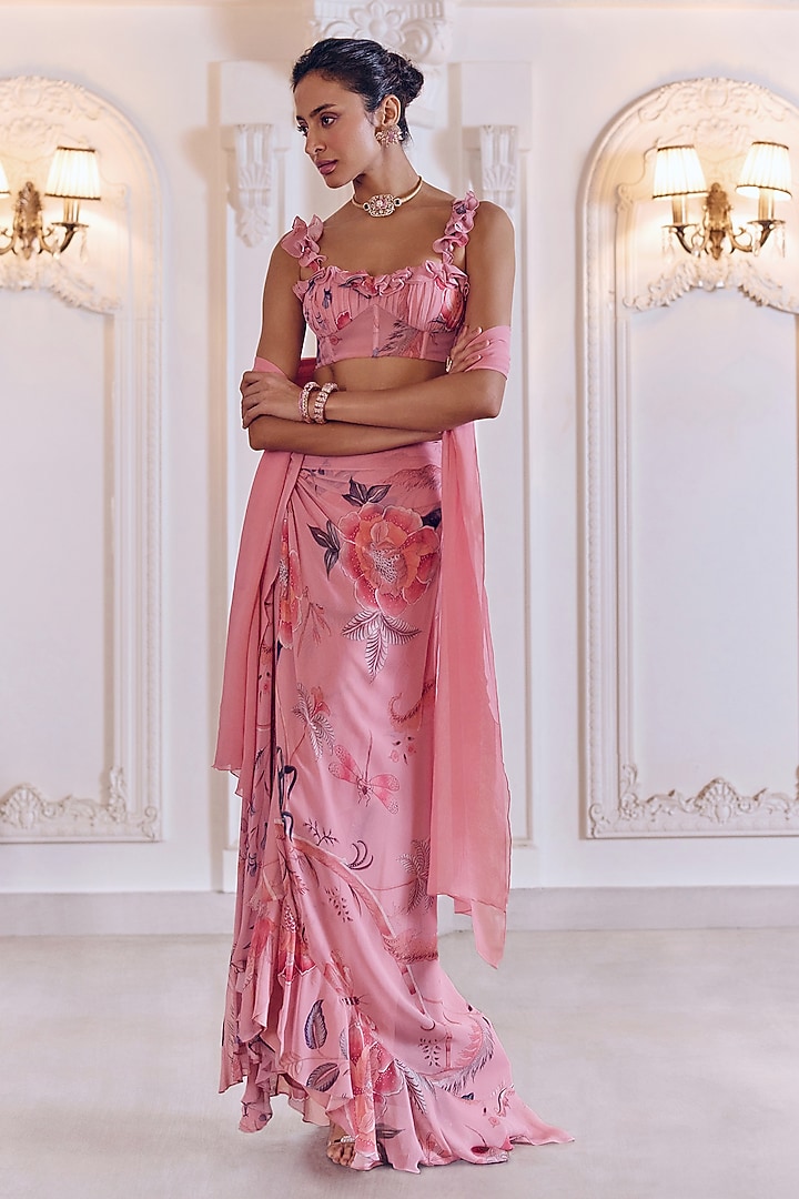 Blush Pink Georgette Printed Pre-Draped Skirt Set by MMVM at Pernia's Pop Up Shop