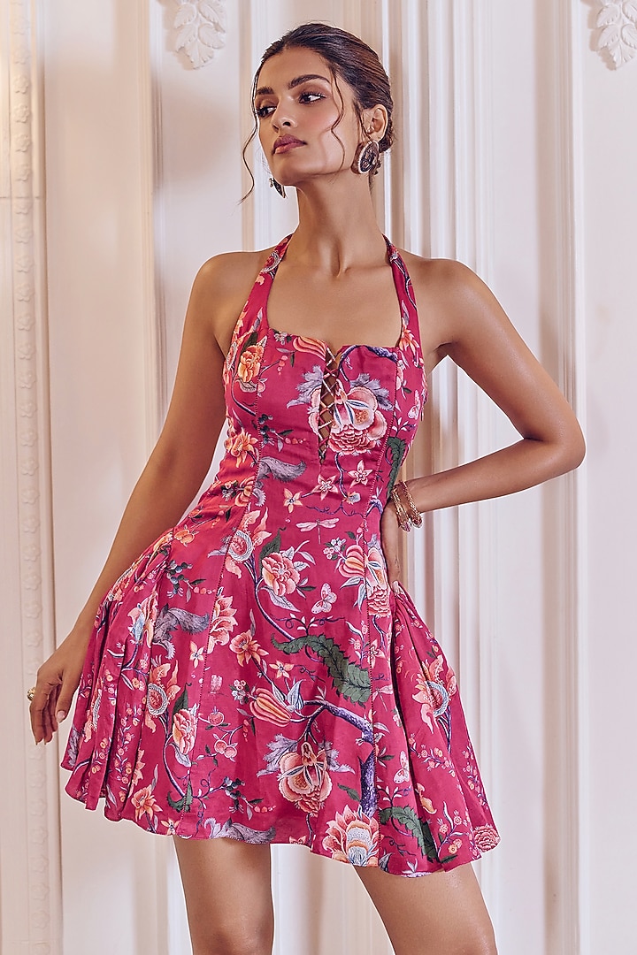 Rani Pink Linen Satin Floral Printed Pleated Mini Vacation Dress by MMVM at Pernia's Pop Up Shop