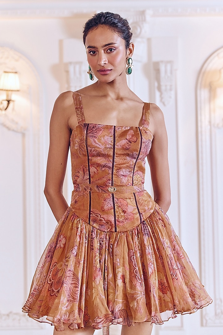 Chandan Yellow Silk Organza Floral Printed Flared Mini Vacation Dress by MMVM at Pernia's Pop Up Shop