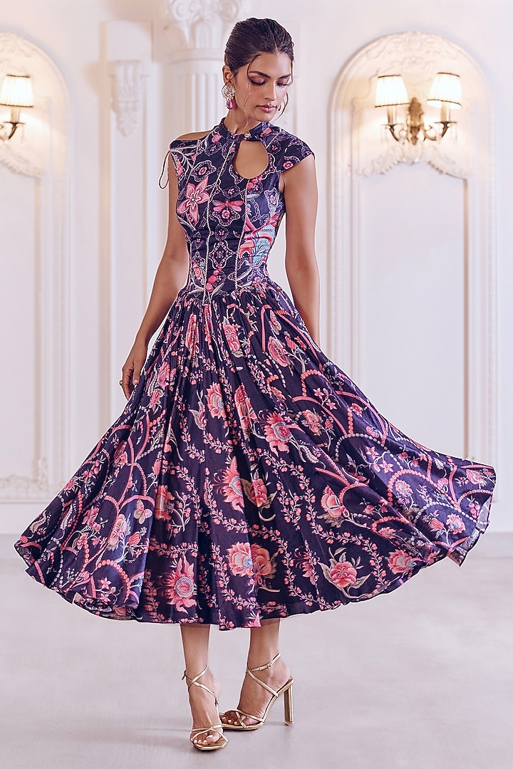 Navy Blue Linen Satin & Organza Printed Flared Midi Cocktail Dress by MMVM at Pernia's Pop Up Shop