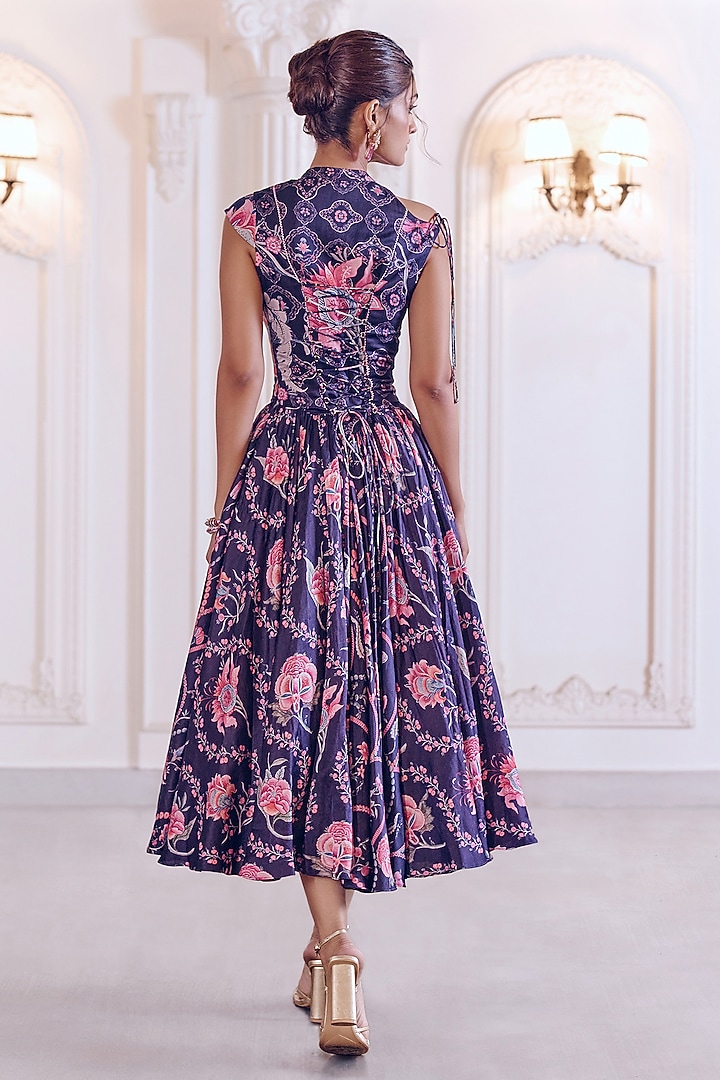 Navy Blue Linen Satin & Organza Printed Flared Midi Cocktail Dress by MMVM at Pernia's Pop Up Shop