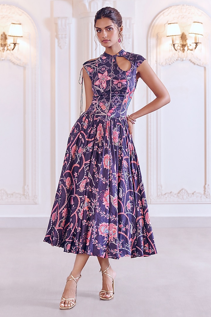 Navy Blue Linen Satin & Organza Printed Flared Midi Cocktail Dress by MMVM at Pernia's Pop Up Shop